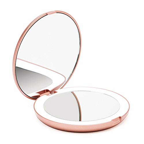Fancii LED Lighted Travel Makeup Mirror, 1x/10x Magnification - Daylight LED, Compact, Portable, Large 5" Wide Illuminated Folding Mirror - Lumi (Rose Gold) Rose Gold