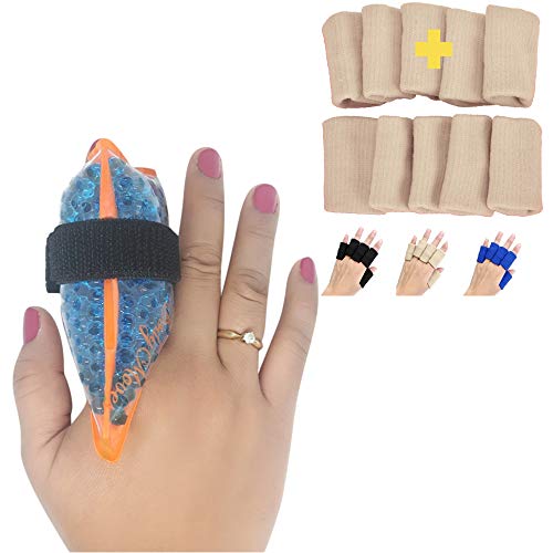 BodyMoves Finger Hot and Cold Ice Pack Plus Adult Finger Brace Splint Sleeve Thumb Support Protector Cushion Pressure Safe Elastic Breathable Stabilizers (Desert Sand) Desert Sand