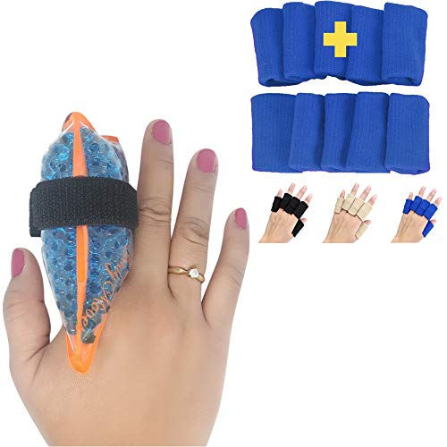 BodyMoves Finger Hot and Cold Ice Pack Plus Adult Finger Brace Splint Sleeve Thumb Support Protector Cushion Pressure Safe Elastic Breathable Stabilizers (Aqua Blue)
