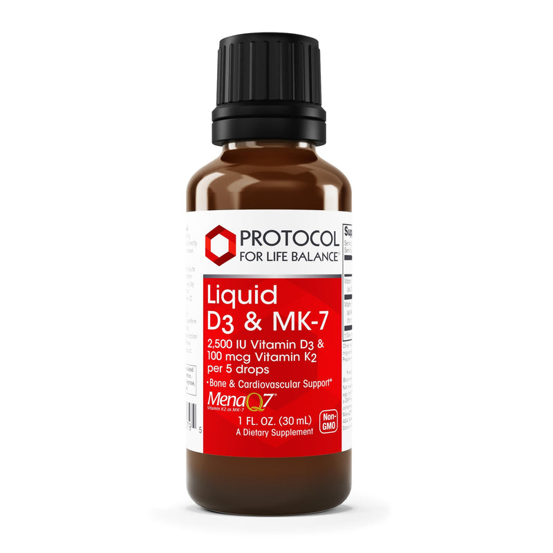 PROTOCOL FOR LIFE BALANCE Liquid D3 & MK-7, Bone Health*, 1 fl oz | 5 Drops for Bone and Heart Health Support*, 100 mcg Vitamin K2, Free of Dairy, and Soy