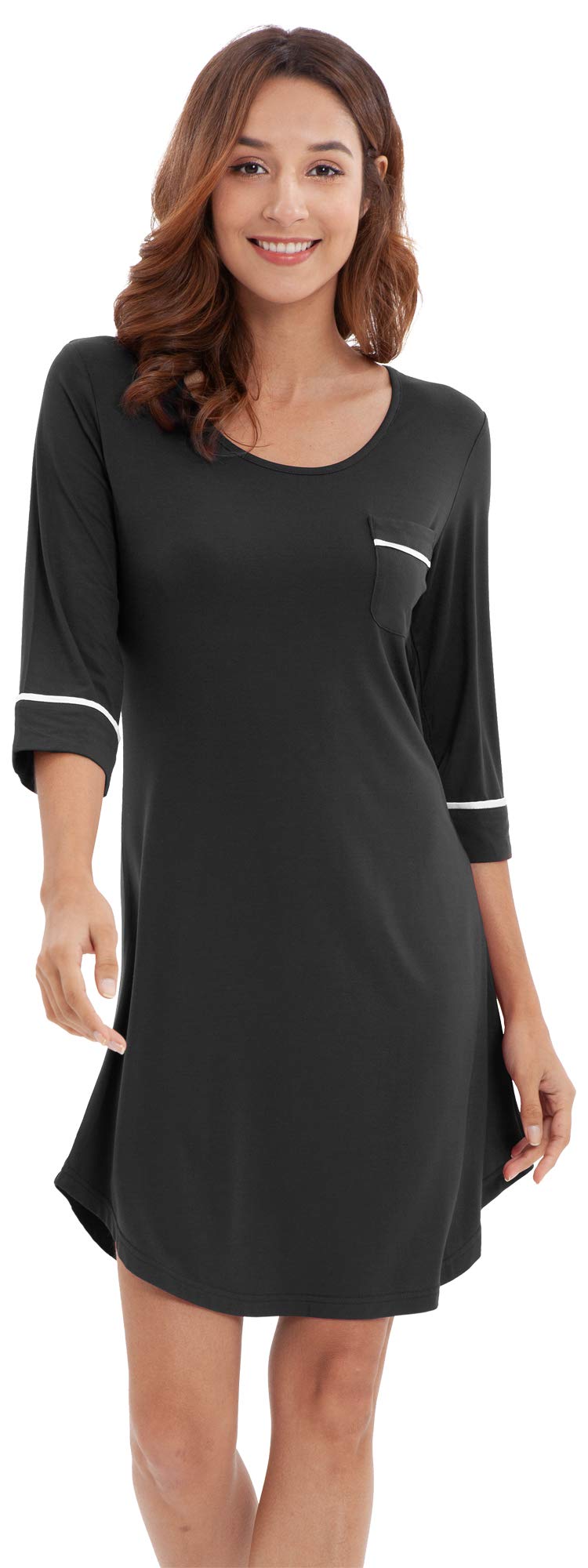 WiWi Women's Nightgowns Soft Bamboo Pajamas 3/4 Sleeves Sleep Shirt Lightweight Nightshirts Plus Size Sleepwear S-4X A-black Large - BeesActive Australia