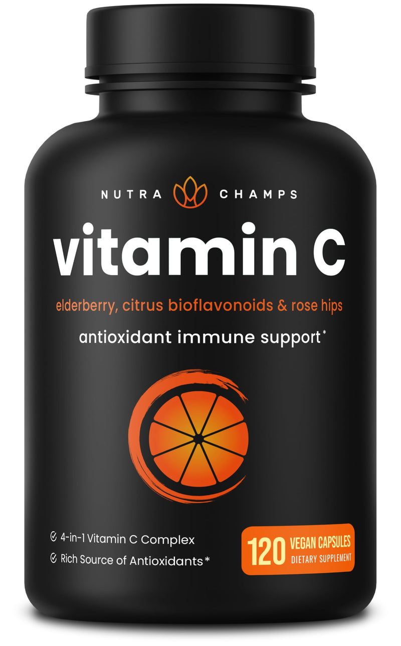 NutraChamps 1000 mg Vitamin C with Rose Hips, Vitamin C Supplement with Elderberry & Citrus Bioflavonoids, Kids Immune Boosting Supplemen Capsules Pill Vitamin C Capsules