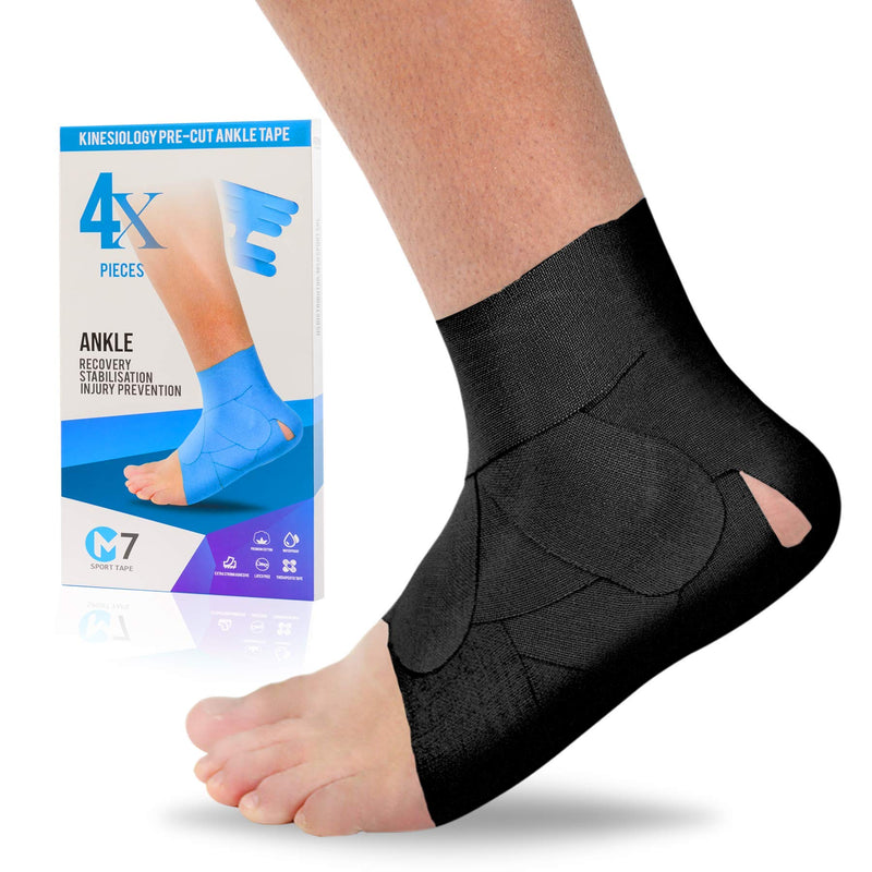 M7 Sport Kinesiology Tape for Ankle Sprain and Stability, Kt Tape for Ankle, Pain Relief Therapeutic Tape, Plantar Fasciitis, Waterproof, Eases Swelling (Black, 4-Pack) Black
