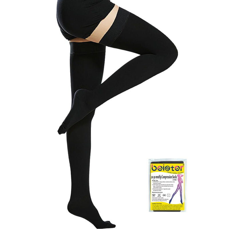 beister Thigh High Compression Socks 20-30 mmHg for Women & Men Closed Toe Black Small