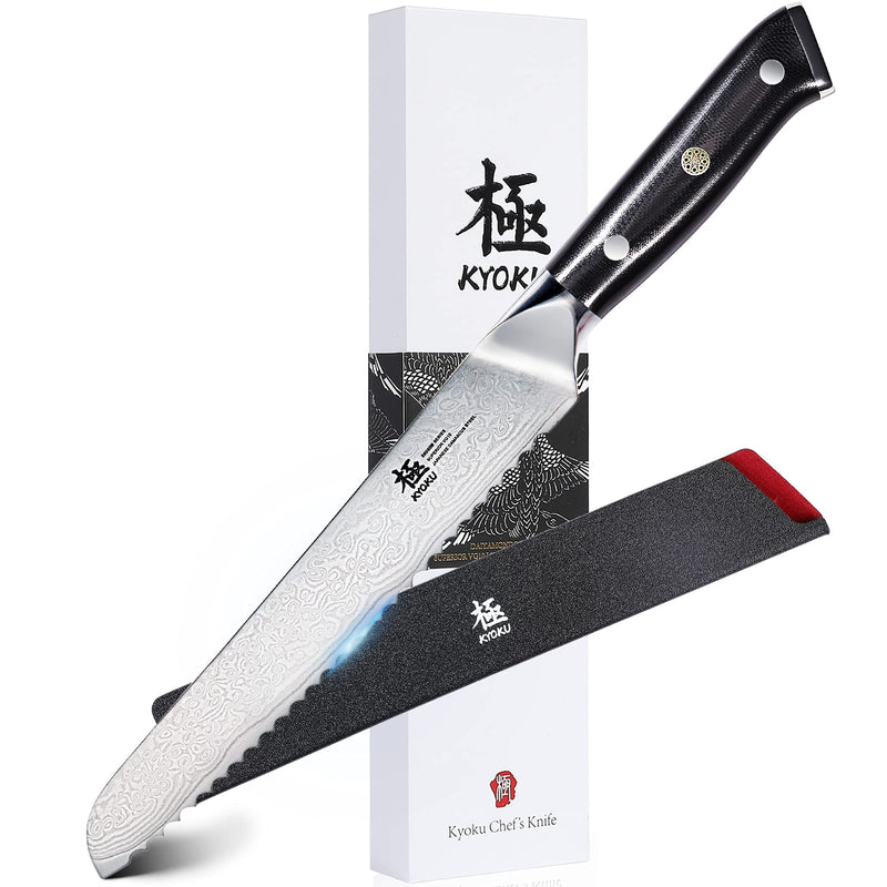 KYOKU Serrated Bread Knife - 8" - Shogun Series - Japanese VG10 Steel Core Damascus Blade - with Sheath & Case - BeesActive Australia
