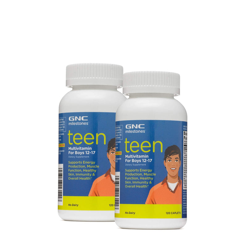 GNC Milestones Teen Multivitamin for Boys 12-17, Twin Pack, 120 Caplets | Supports Energy Production, Bone Health, Healthy Skin, and Immunity, Dairy-Free with No Artificial Flavors
