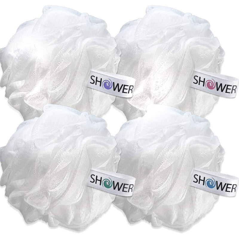 Loofah Soft-White-Cloud Bath-Sponge XL-75g-Set by Shower Bouquet: 4 Pack, Extra Large Mesh Pouf for Men and Women - Exfoliate with Big Gentle Cleanse Scrubber in Beauty Bathing Accessories Bright White, Color-coded Ribbons - BeesActive Australia