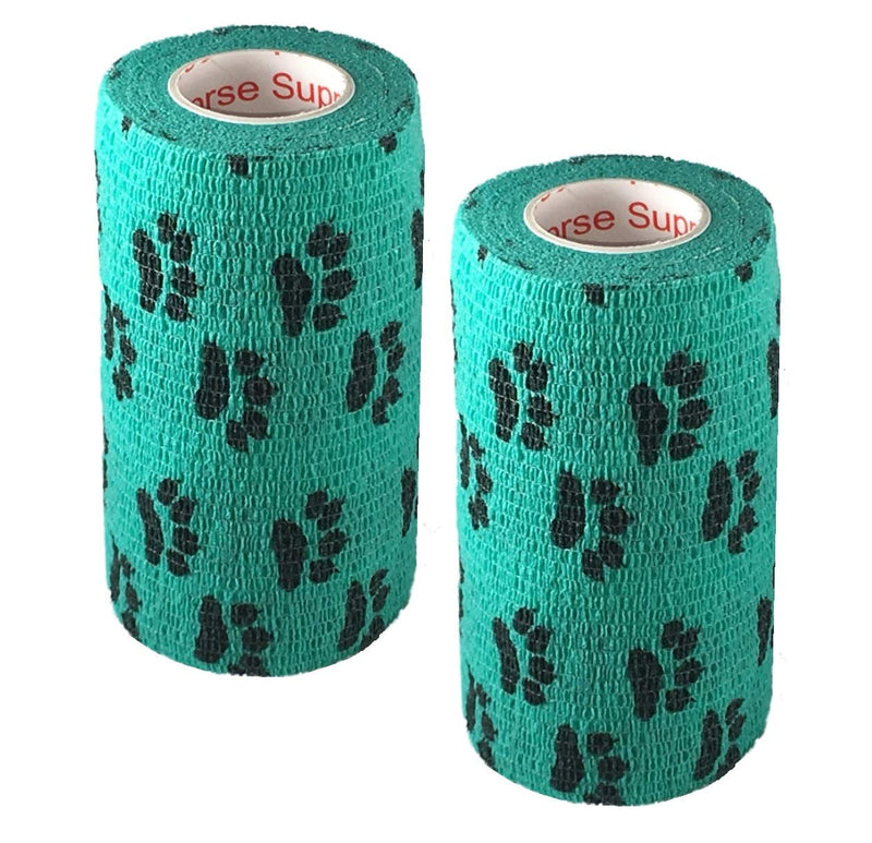 Vet Wrap Wrap Tape (Teal with Paw Prints) (2 Pack) (2 Inch x 15 feet) Self Adhesive Adherent Adhering Cohesive Flex Self Stick Bandage Grip Roll Dog Cat Pet Horse 2 Inch 2 PACK Teal With Black Paws - BeesActive Australia