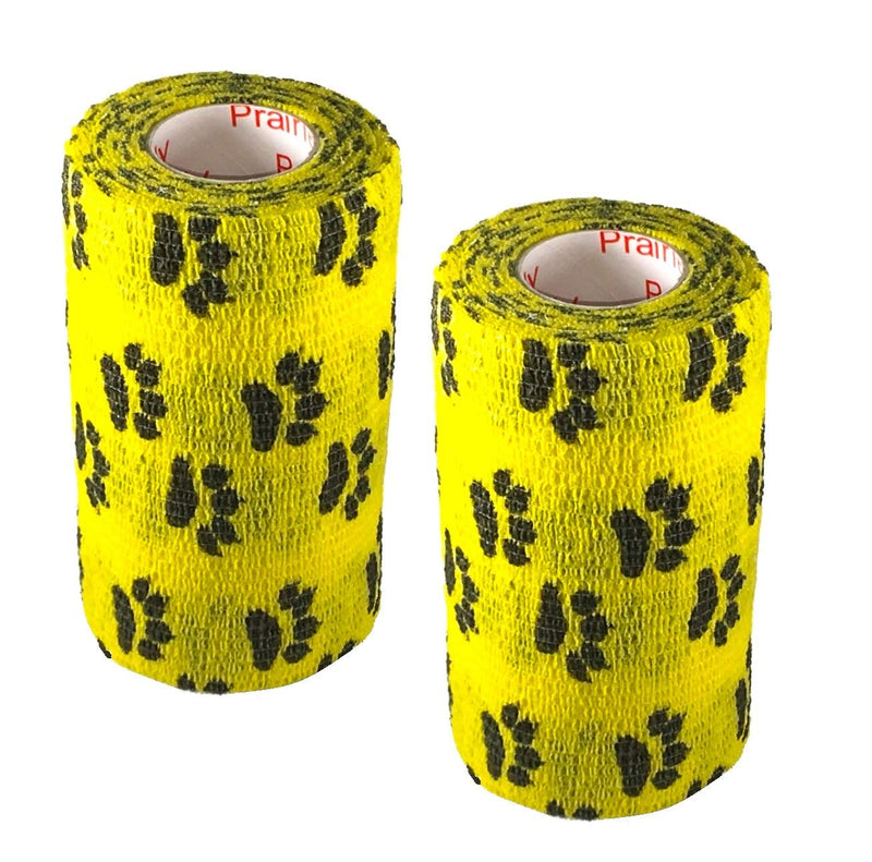 Vet Wrap Wrap Tape (Yellow with Paw Prints) (2 Pack) (2 Inch x 15 feet) Self Adhesive Adherent Adhering Cohesive Flex Self Stick Bandage Grip Roll Dog Cat Pet Horse 2 Inch 2 PACK Yellow With Black Paws - BeesActive Australia