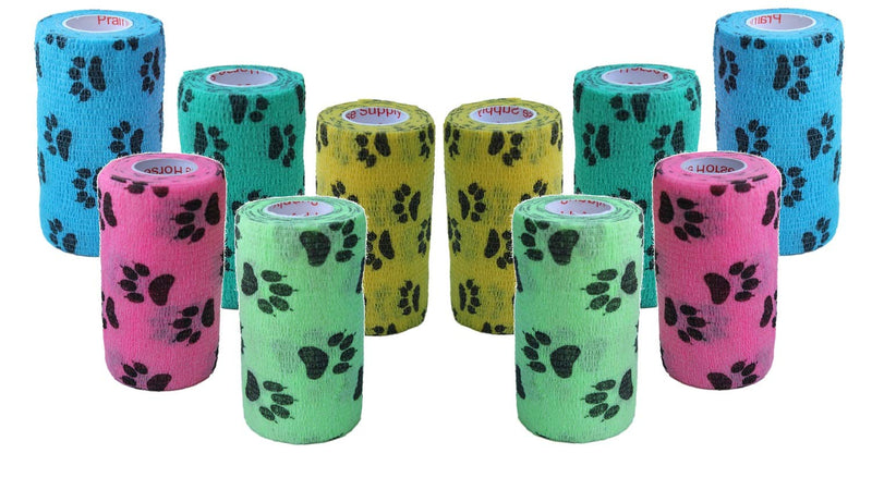Prairie Horse Supply 4 Inch Vet Wrap Tape Bulk (Paw Prints Variety) (Pack of 12) Self Adhesive Adherent Adhering Flex Bandage Grip Roll for Dog Cat Pet 12 Rolls Paw Prints