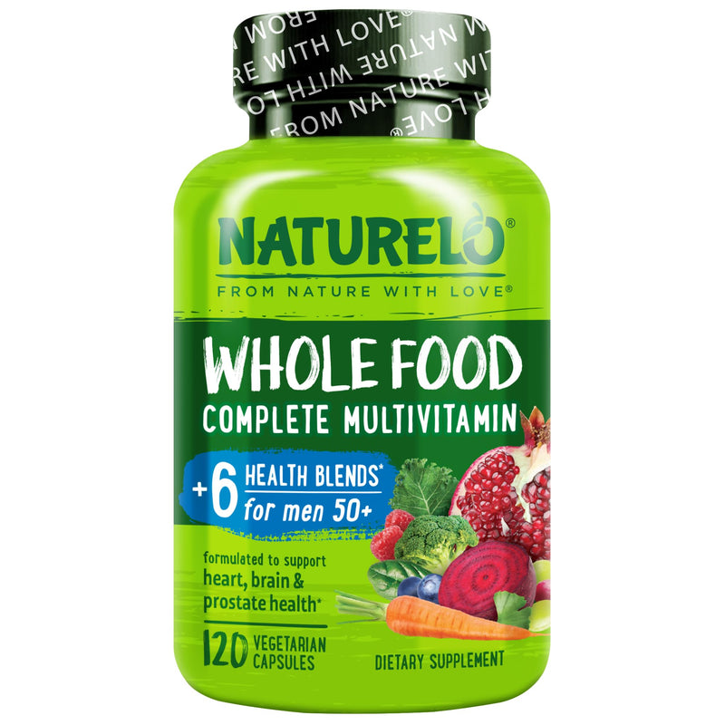 NATURELO Men's Multivitamins 50+, Whole Food Multivitamin for Men 120 Caps | Vitamins, minerals, vegetarian capsules, energy, brain, heart, eye health* 120 Count (Pack of 1)