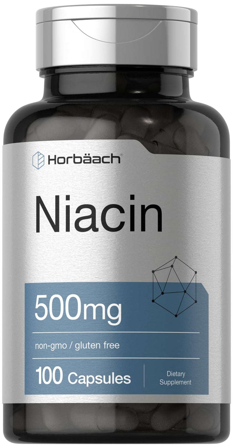 Horbäach Niacin | Vitamin B3 500mg | 100 Capsules | with Flushing | Non-GMO, and Gluten Free Supplement