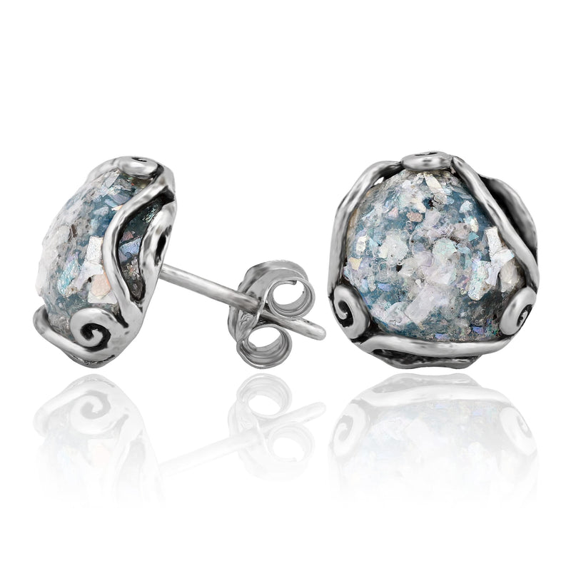 Paz Creations Women's 925 Sterling Silver Roman Glass Patina Stud Earrings - Handcrafted In Israel Round-Cut Ball Earring - Unique Natural Organic Jewelry For Her - BeesActive Australia