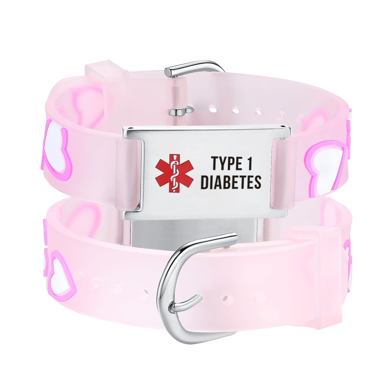 LinnaLove cartoon medical alert id bracelets Parents gift to Son, daughter, brother, sister PINK HEART type 1 diabetes