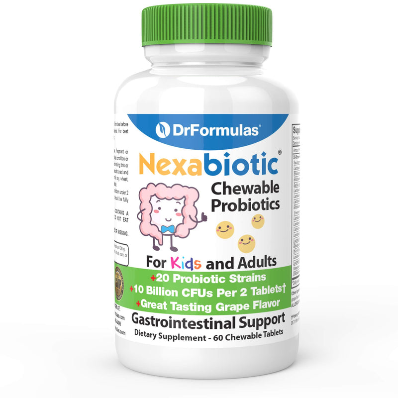 DrFormulas Chewable Probiotics for Kids & Adults | for Oral Dental Health, Bad Breath, & Better Digestion 20 Multi Strain - S boulardii, Lactobacillus plantarum and Bifidobacterium infantis, 60 Chews 60 Count (Pack of 1)