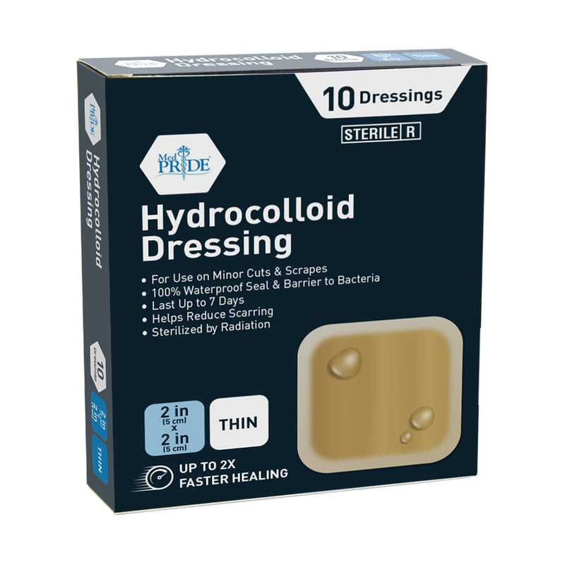 MED PRIDE Hydrocolloid 2'' x 2'' Wound Dressing Pads| 10-Pack, Sterile Adhesive Patches| Individually Packed, Highly Absorbent, Water-Resistant & Comfortable| Multiple Day Usage 2'' x 2'' Thin - BeesActive Australia