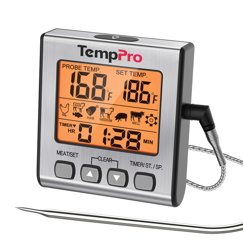 TempPro Digital Meat Thermometer for Cooking and Grilling, BBQ Food Thermometer with Backlight and Kitchen Timer, Grill Temperature Probe Thermometer for Smoker, Oven, Baking,Oil(Previously ThermoPro) Light Silver - BeesActive Australia