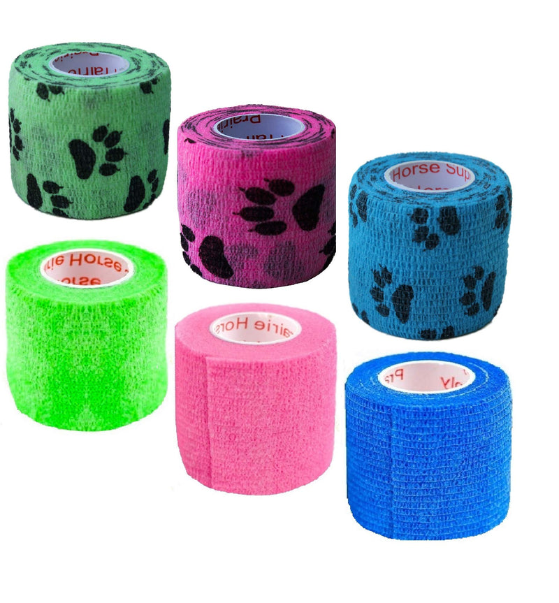 2 Inch Vet Wrap Tape Bulk (Blue, Neon Green, Neon Pink, and Black Paw Prints on Blue, Neon Green, Neon Pink) (Pack of 6) Self Adhesive Adherent Adhering Flex Bandage Grip Roll for Dog Cat Pet 6 Rolls Assorted 2 - BeesActive Australia