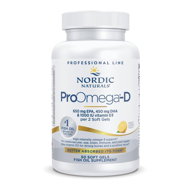 Nordic Naturals ProOmega-D Fish Oil, 1280 mg + 1000 IU D3-60 Softgels | High-potency EPA & DHA fish oil plus vitamin D3 for brain, eye, heart & immune health. 1280 mg omega-3 + 1000 IU D3. Non-GMO Lemon 60 Count (Pack of 1)