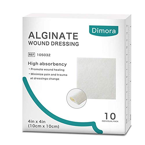 Dimora Calcium Alginate Wound Dressing, 4'' x 4'' Patches,10 Individual Sterile Pads, Soft and Highly Absorbent Dressing Gauze, Non-Stick Padding 4'' x 4'' Alginate（pack of 10）
