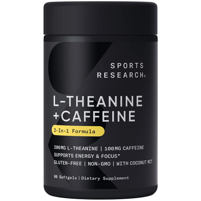 Sports Research L-Theanine Supplement with Caffeine & Coconut MCT Oil - Focused Energy, Alertness & Relaxation Without Drowsiness - 200mg L Theanine, 100mg Organic Caffeine - 60 Liquid Softgels - BeesActive Australia