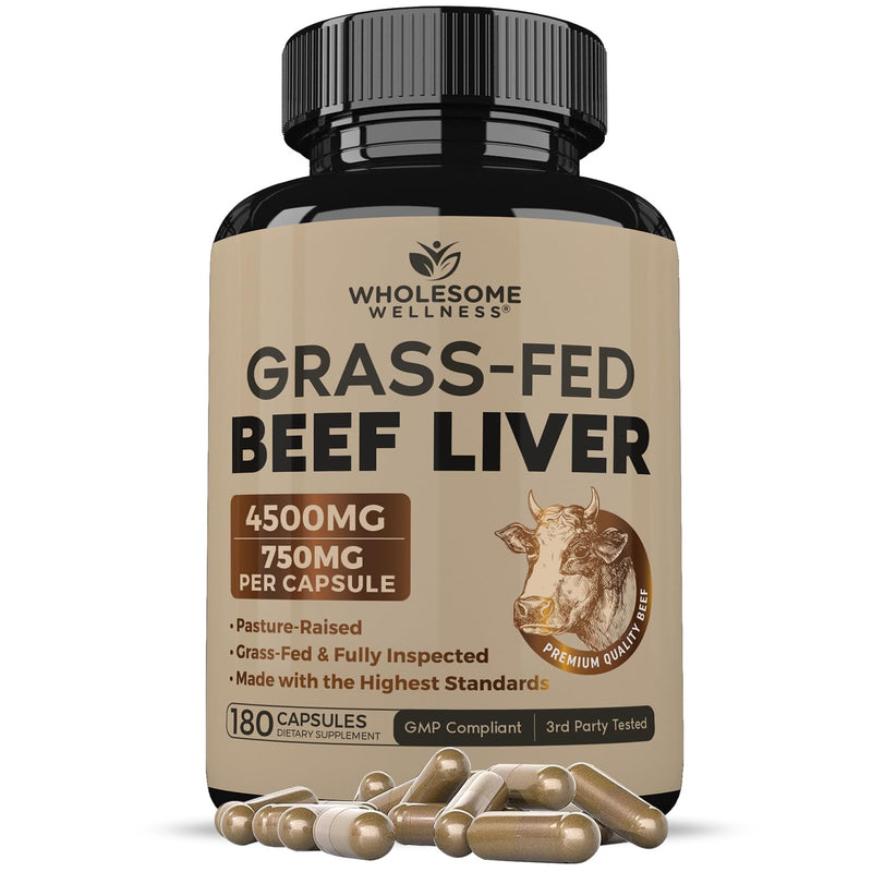 Wholesome Wellness Grass Fed Desiccated Beef Liver Capsules (180 Pills, 750mg Each) - Natural Iron, Vitamin A, B12 for Energy - Raised Undefatted in New Zealand Without Hormones or Chemicals - BeesActive Australia
