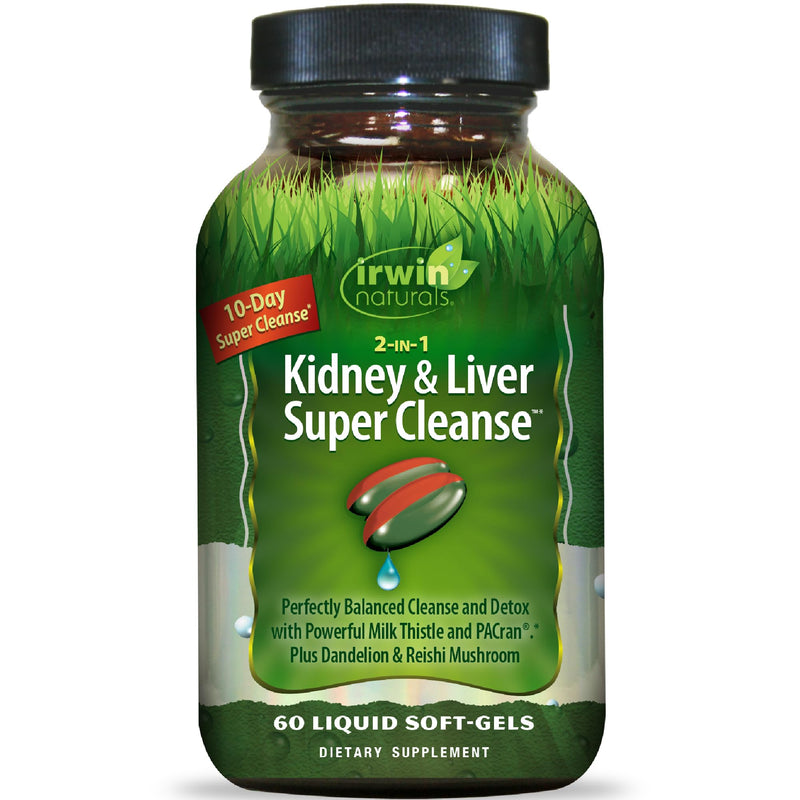 Irwin Naturals 2-in-1 Kidney & Liver Super Cleanse (10-Day) - Balanced Liver Detox & Kidney Cleanse - Milk Thistle Dandelion Root & Reishi Mushroom - Whole-Body Detox Formula - 60 Liquid Soft-Gels