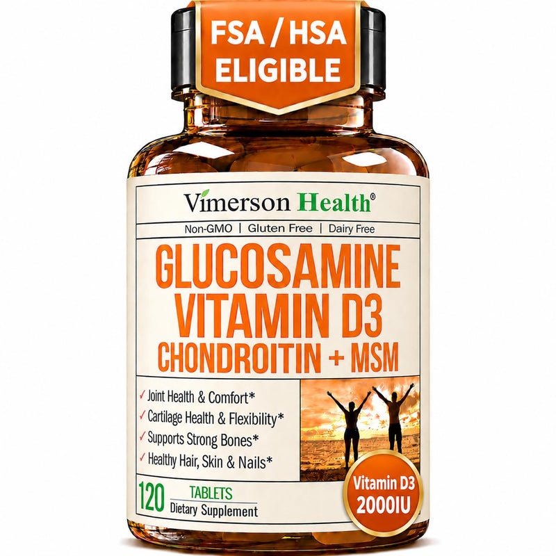 Vitamin D3 2000IU & Glucosamine Chondroitin – Daily Joint Support Supplement for Hair Skin Nails, Bone Health & Comfort with Boswellia Extract, Bromelain, Glucosamine Sulfate – FSA Eligible 120 Tabs