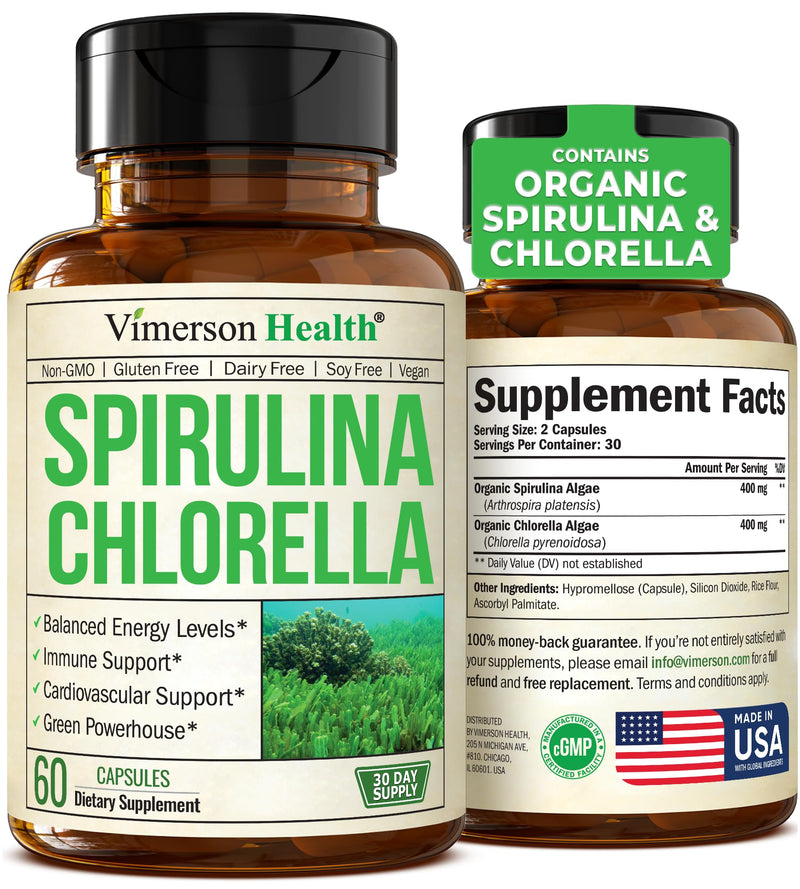 Organic Spirulina and Chlorella Capsules - Spirulina Capsules with Chlorella Powder for Immune, Antioxidant & Energy Support. Nutritious Super Green. Vegan & Non-GMO. Third Party Tested. 60 Caps