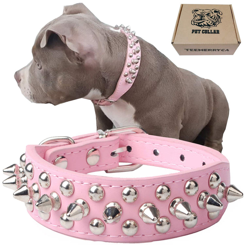 TEEMERRYCA Adjustable Leather Spiked Studded Dog Collars with a Squeak Ball Gift for Small Medium Large Pets Like Cats/Pit Bull/Bulldog/Pugs/Husky, Pink, L(15"-18.5") Large: Neck 15"-18.5" - BeesActive Australia