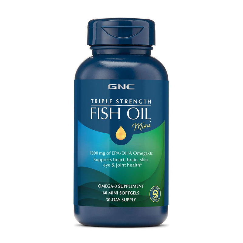 GNC Triple Strength Fish Oil Mini, 1000mg EPA & DHA, 60 Mini Softgels | Provides 1000mg EPA and DHA per Serving to Support Heart, Brain, Skin, Eye, Joint Health, and a Balanced Mood 60 Count (Pack of 1)