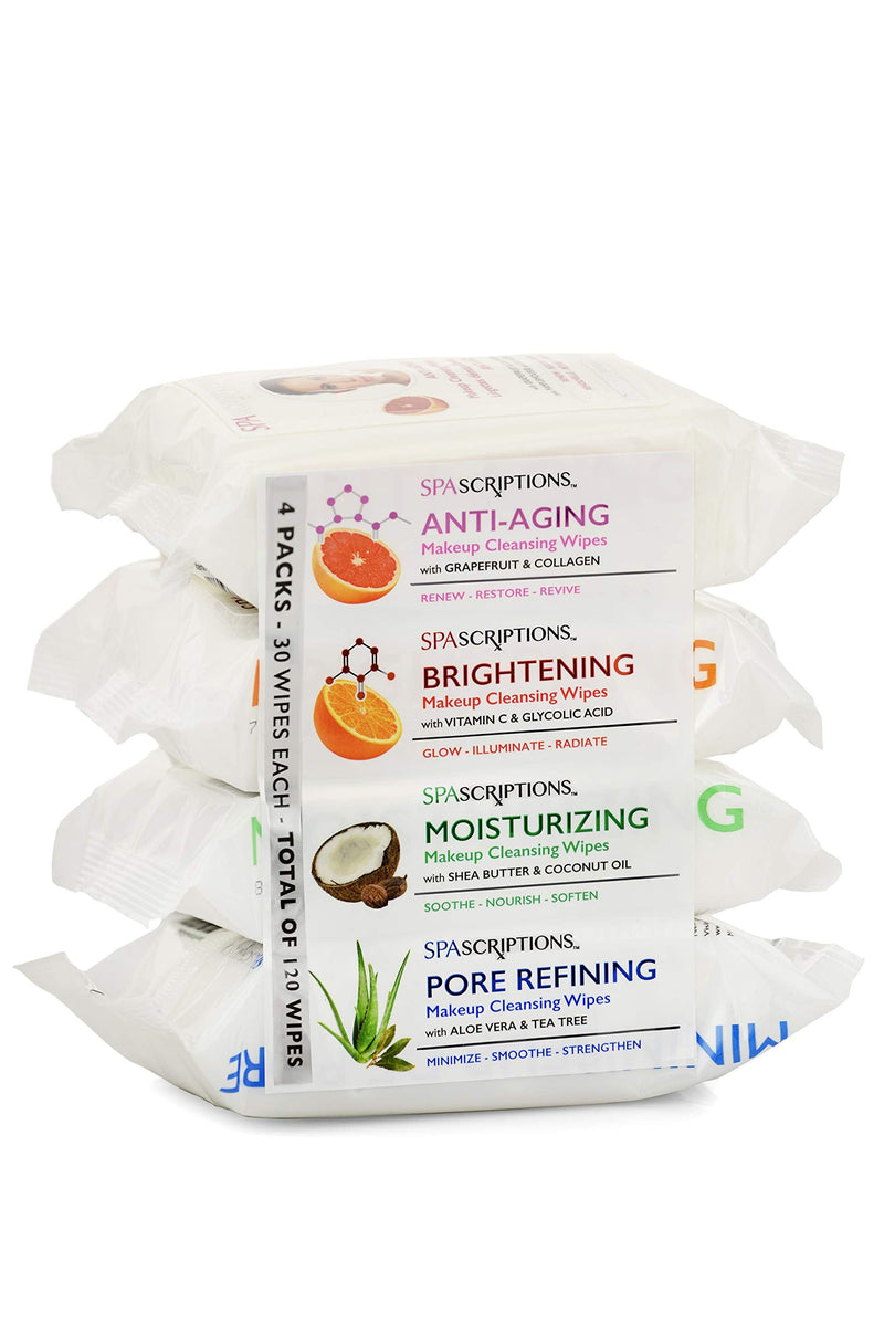 Spascriptions™ Anti-Aging, Brightening, Moisturizing & Pore Refining Towelettes Removes Waterproof Makeup, Revives with Collagen, Vitamin C, Coconut Oil, and Aloe Hypoallergenic, 120 Ct. 4 Pack 30 Count (Pack of 4)