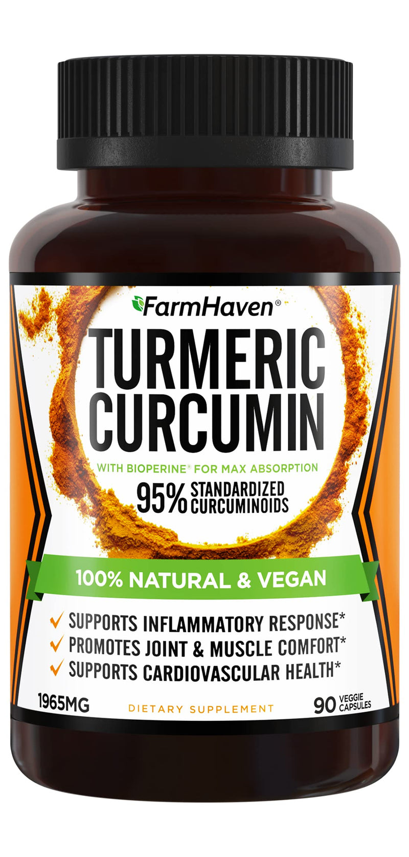 Turmeric Curcumin with BioPerine Black Pepper & 95% Curcuminoids, 1965mg, Maximum Absorption for Joint Support, Non-GMO Turmeric Capsules, Made in USA - 90 Veg Caps - BeesActive Australia