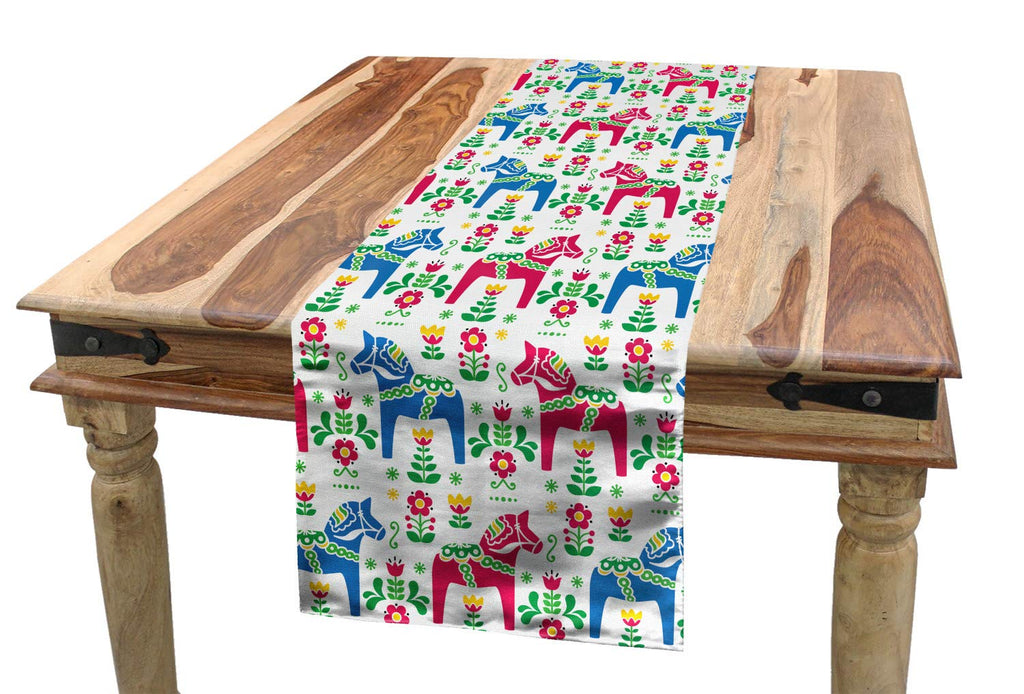 Ambesonne Horses Table Runner Classic Swedish Dalecarlian Coral Azure Blue Animals and Green Floral Arrangement Rectangular Party Centerpiece Decorations for Dining Room & Kitchen 16" X 72" Pink Blue 16" X 72" - BeesActive Australia