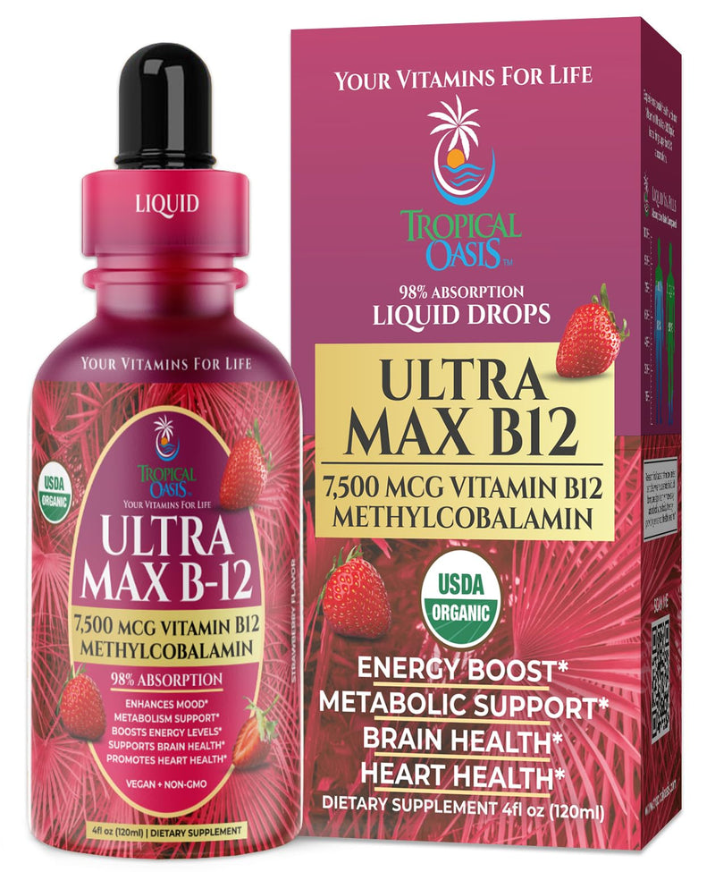 ULTRA MAX B12 | Max Potency 5000mcg Vitamin B12 Sublingual Liquid Drops | Methyl B12 (Methylcobalamin) | Max 98% Absorption Rate | Increase Energy & Metabolism*| Vegan, Non-GMO, Strawberry flavor -4oz