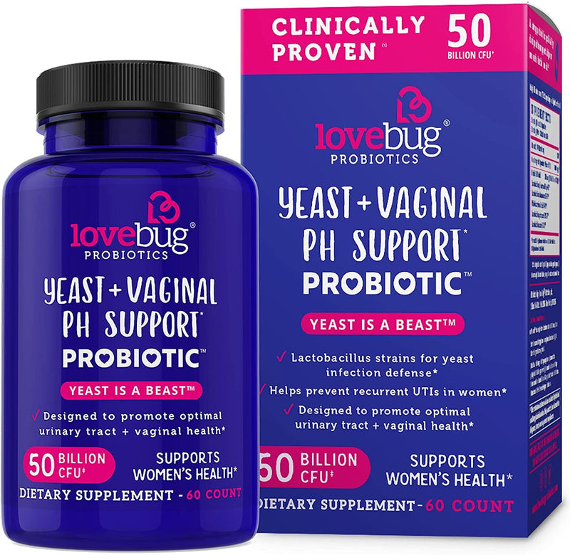 Lovebug Yeast + Vaginal pH Support | Clinically Studied Ingredients for Yeast & UTIs | Multi Strain 50 Billion CFU | 60 Capsules 60 Count (Pack of 1) - BeesActive Australia