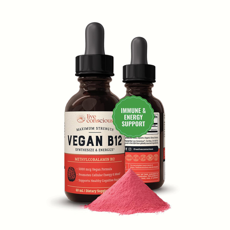Live Conscious Vegan Vitamin B12 Sublingual Liquid Drops | Methylcobalamin Max Strength B12 5000mcg Formula | Vegan B 12 Vitamin Support Energy | Promote Memory & Aid Immune System | 60 Serving 2 Fl Oz (Pack of 1)