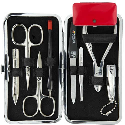 3 Swords Germany - brand quality 7 piece manicure pedicure grooming kit set for professional finger & toe nail care scissors clipper fashion leather case in gift box, Made by 3 Swords Germany (6288) Red