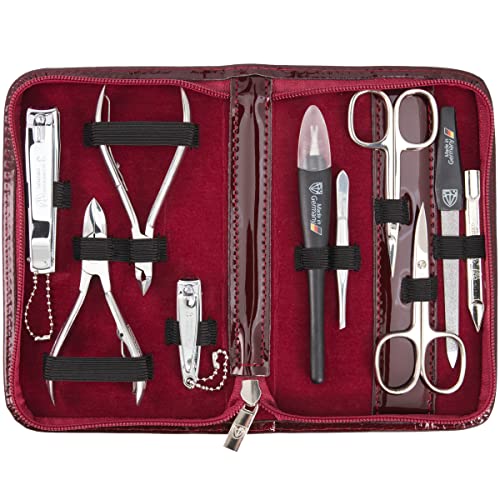 3 Swords Germany - brand quality 10 piece manicure pedicure grooming kit set for professional finger & toe nail care scissors clipper fashion leather case in gift box, Made by 3 Swords (6226) Burgundy Laquered