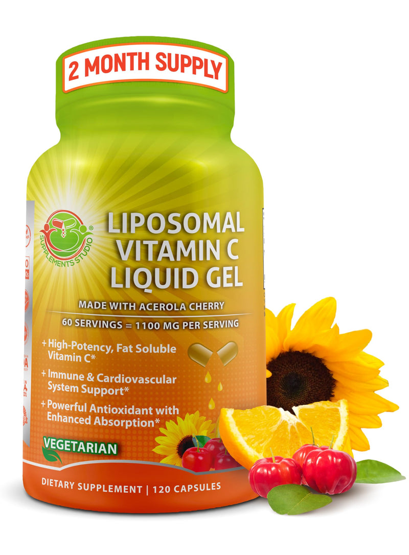 Liposomal Vitamin C Liquid Gel Capsules 1100mg - Made with Organic Acerola | Vitamin C Capsules for Immune Support - High Potency, Enhanced Absorption & Bioavailability, Daily Antioxidant Support, 120ct Liquid Liposomal Capsule 1100mg - 120 ct