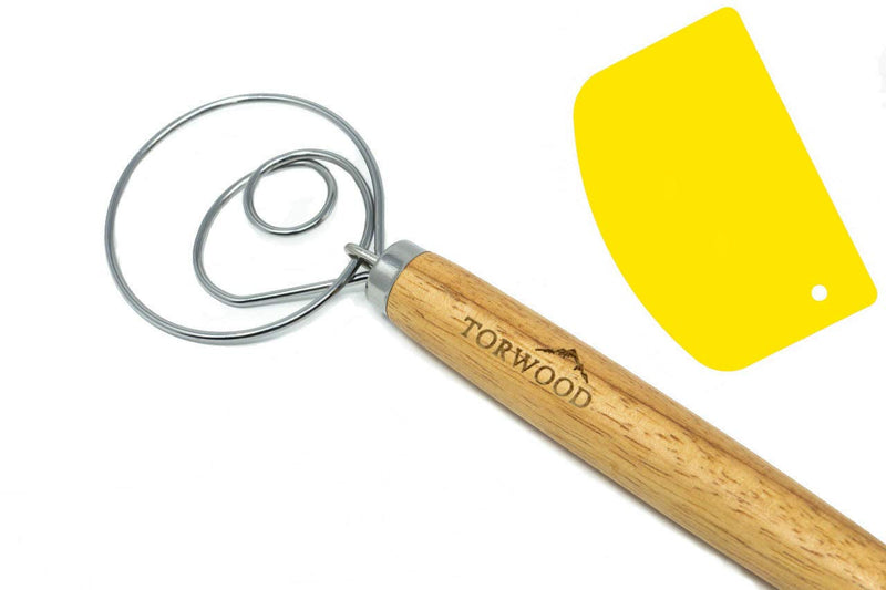 Torwood Danish Dough Whisk Bread Mixer Large 13.5 inches Stainless Steel Wooden Dutch Hook for Baking, Loaves, Pastries and Pizza, comes with a Dough Scraper 1 - BeesActive Australia