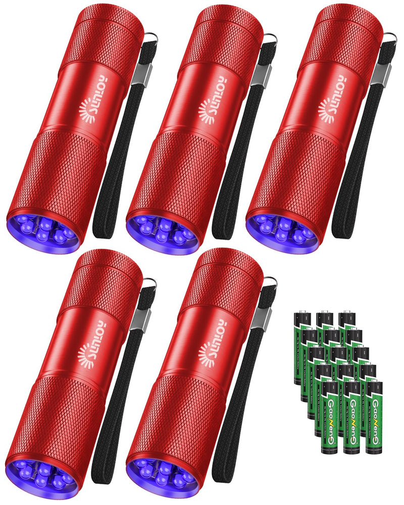 UV Flashlight Black Light, 5 Pack 9 LED 395nm Ultraviolet Blacklight Flashlight, Mini Portable Torch Light Pet Urine Detector for Dog/Cat Urine, Dry Stains, Bed Bug(15x AAA Batteries(Red)) Red - BeesActive Australia