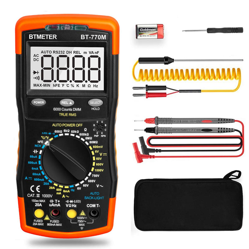 Digital Multimeter TRMS 6000 Count, BTMETER BT-770M Auto/Manual Ranging DMM Electrical Meter Tester for AC/DC Amp, AC/DC Volt, Ohm Capacitance Frequency Continuity Temperature NCV, Auto Backlight AC/DC 20A & Mechanical Block 770M - BeesActive Australia