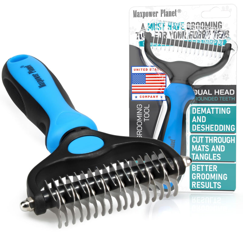 Maxpower Planet Pet Grooming Brush - Double Sided Shedding, Dematting Undercoat Rake for Dogs, Cats - Extra Wide Dog Grooming Brush, Dog Brush for Shedding, Cat Brush, Reduce Shedding by 95%, Blue Large - BeesActive Australia