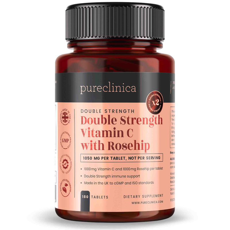 pureclinica Vitamin C with Rosehip – 2000mg (1000mg VIT C & 1000mg Rosehip Extract) x 180 Tablets - 6 Months Supply! 180 Count (Pack of 1)