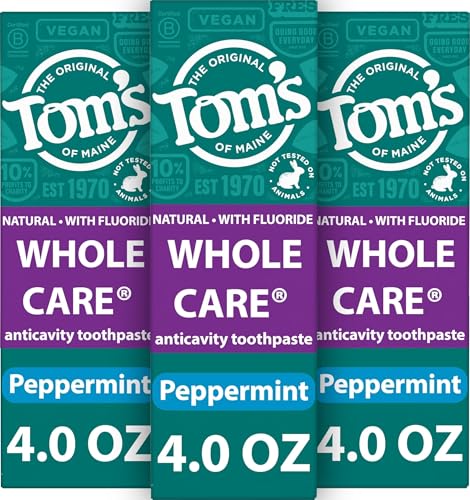 Tom's of Maine Whole Care Natural Anticavity Fluoride Toothpaste 3 Pk, 4 oz Peppermint 4 Ounce (Pack of 3)