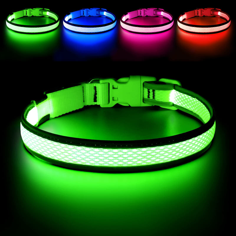 Flashseen LED Dog Collar, USB Rechargeable Light Up Dog Collar Lights, Adjustable Comfortable Soft Mesh Safety Dog Collar for Small, Medium, Large Dogs(Large, Neon Green) - BeesActive Australia