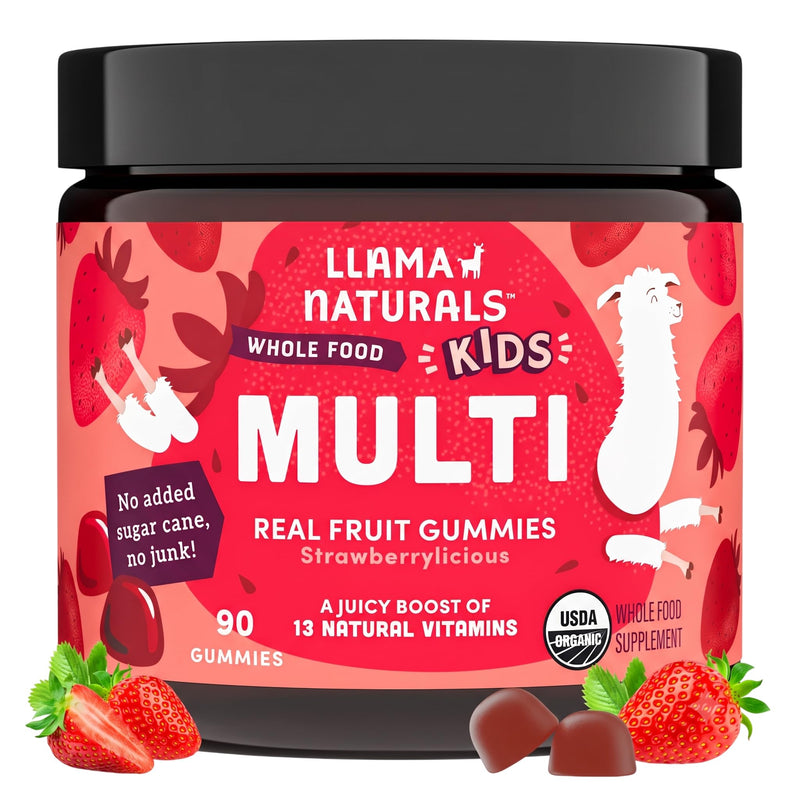 Llama Naturals Kids Multivitamin Gummies | Real Fruit, No Added Sugar Cane | Organic Vegan Toddler Whole Food Vitamins | Vitamin D, C & Beta Carotene Gummy Supplement | Strawberry 90 Ct (1-2 Months) 90 Count (Pack of 1)