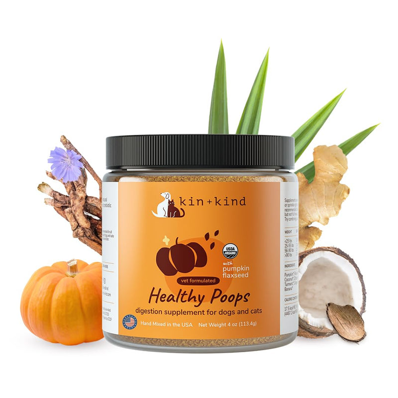 kin+kind Organic Pumpkin Powder for Dogs & Cats for Healthy Poop - Made in USA - Natural Pumpkin Powder Formula w/Flax Seed, Ginger, Turmeric & Coconut - Nutritional Supplement - Small 4oz 4 Ounce - BeesActive Australia