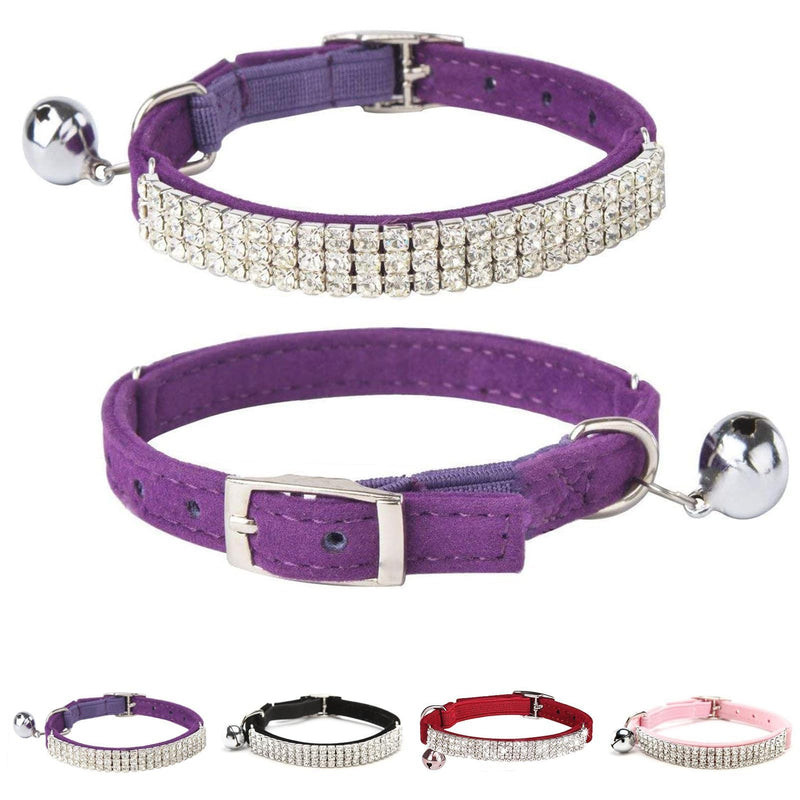 BINGPET Diamond Cat Collar,Adjustable Soft Velvet Leather Safe Kitten Collar with Shiny Rhinestones and Bells,Girl Boy Bling Stylish Cat Collars with Safety Elastic for Small Medium Cats（Purple） Purple - BeesActive Australia